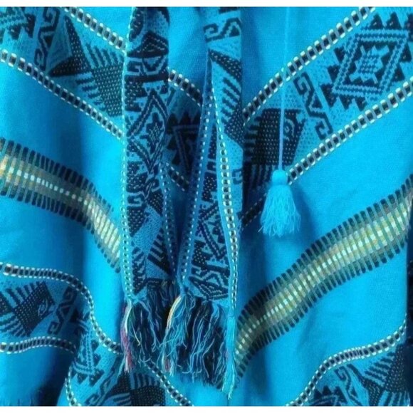 World Beat Hand Woven Blue Southwestern Wool Shaw Boho Geometric OS - Picture 4 of 7